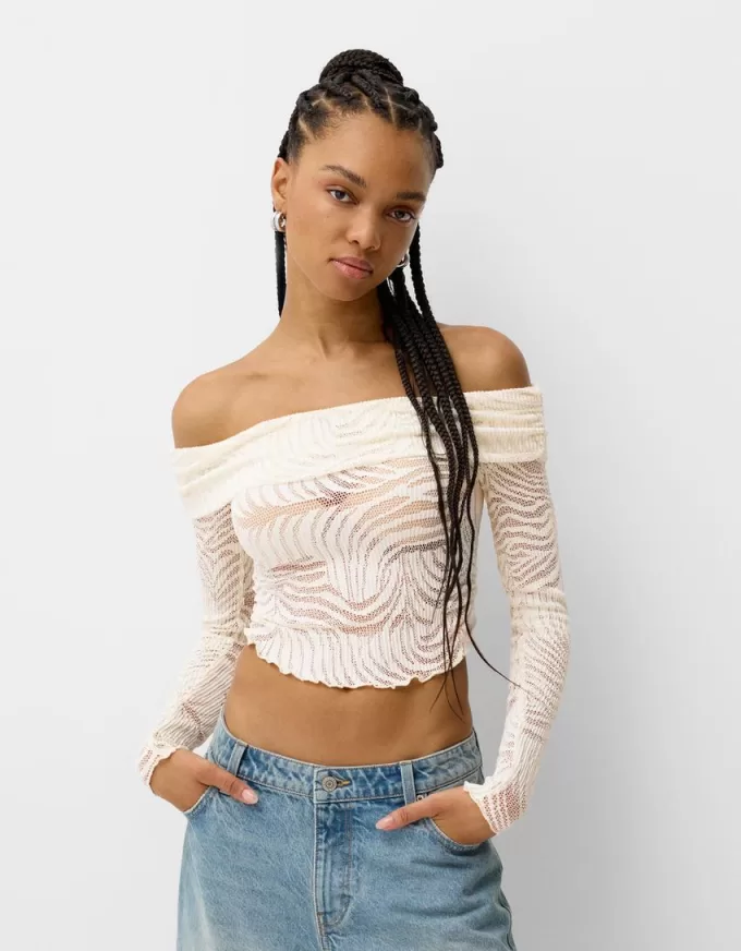 Long sleeve Bardot neckline rustic T-shirt