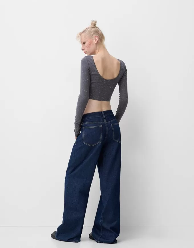 Long sleeve T-shirt with all-over rhinestones