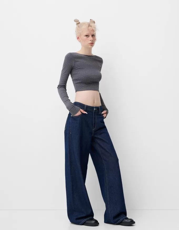 Long sleeve T-shirt with all-over rhinestones