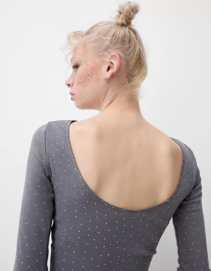 Long sleeve T-shirt with all-over rhinestones