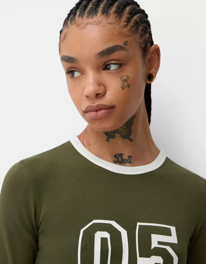 Long sleeve T-shirt with print and trim