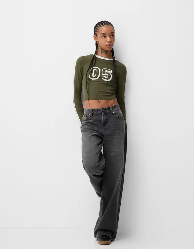 Long sleeve T-shirt with print and trim