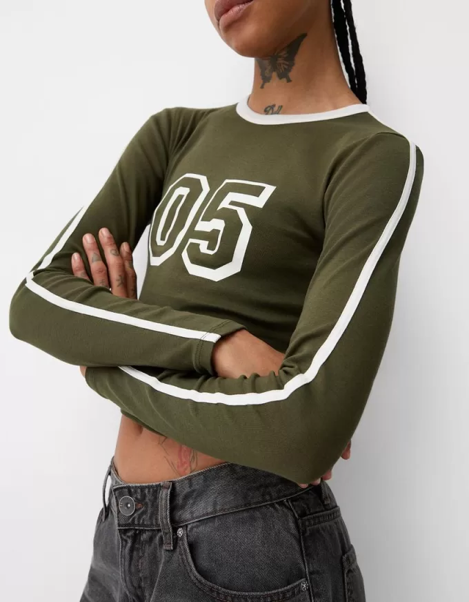 Long sleeve T-shirt with print and trim