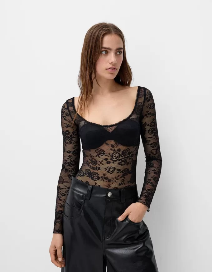 Long sleeve black lace Disney Bambi bodysuit