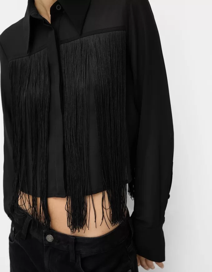 Long sleeve chiffon shirt with fringing