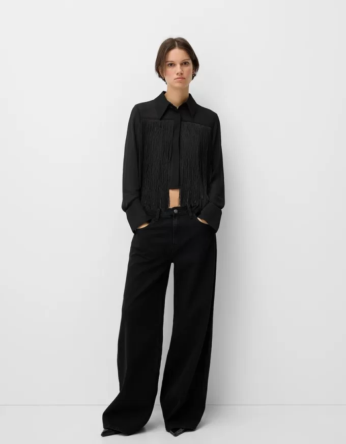 Long sleeve chiffon shirt with fringing