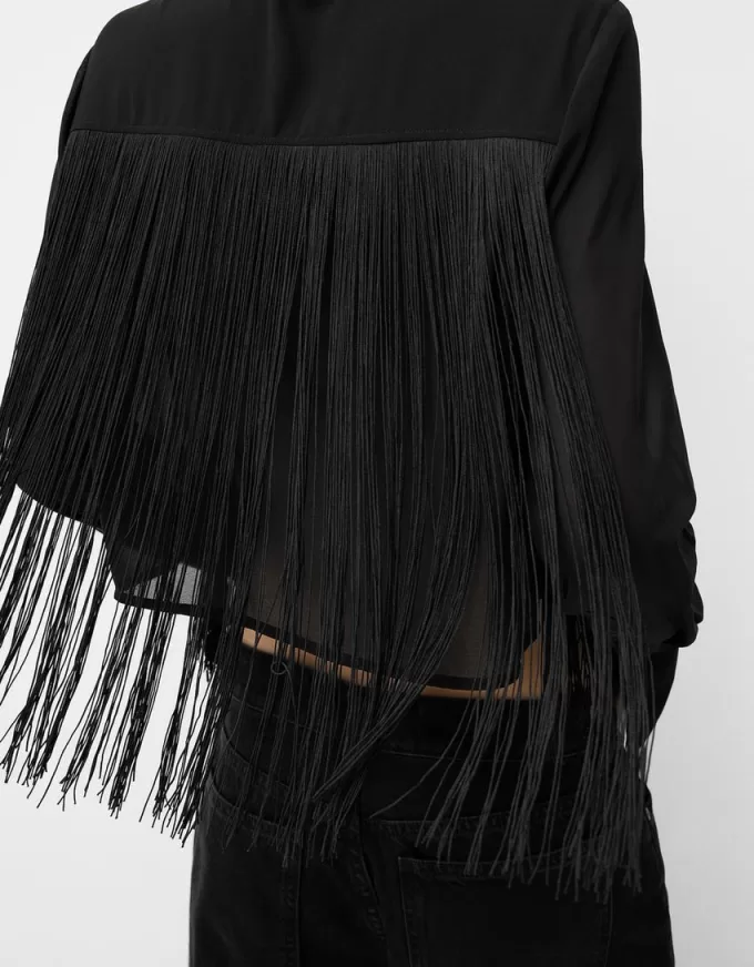 Long sleeve chiffon shirt with fringing