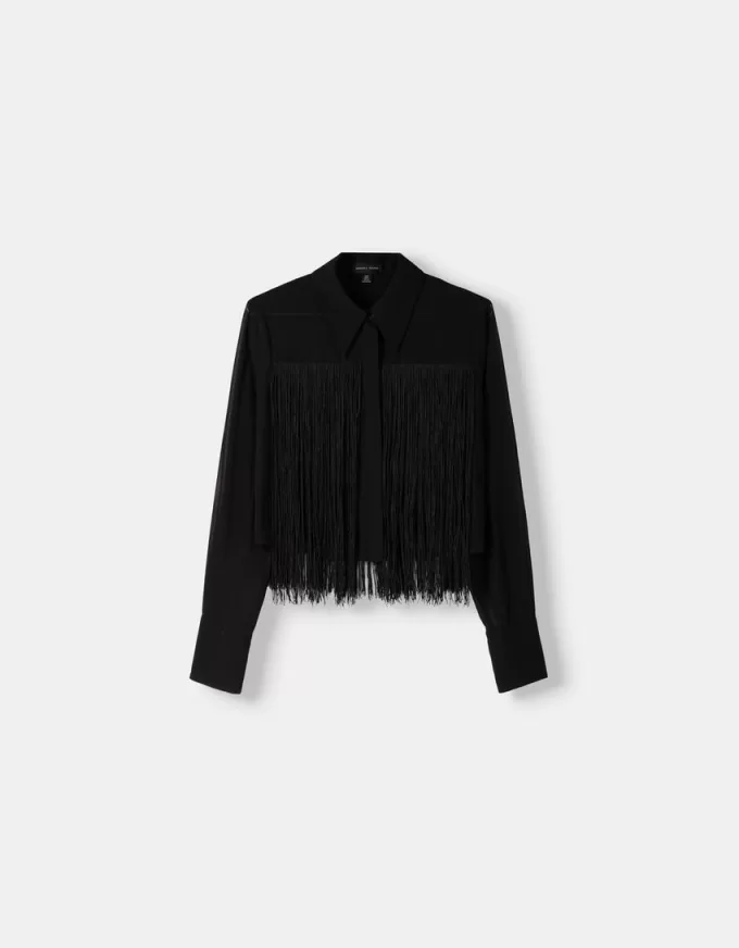 Long sleeve chiffon shirt with fringing