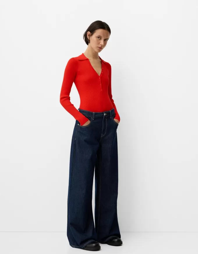 Long sleeve cut-out polo collar bodysuit