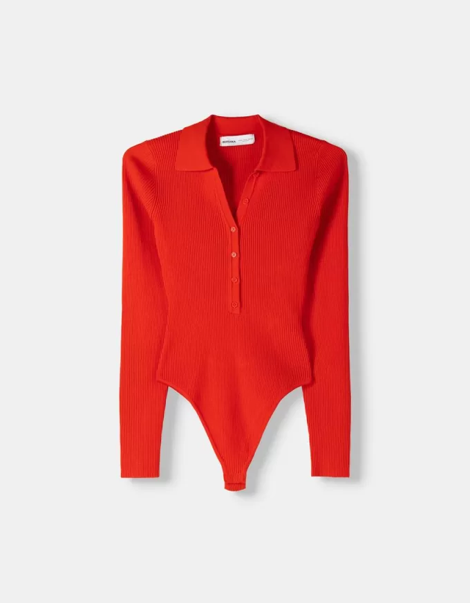 Long sleeve cut-out polo collar bodysuit