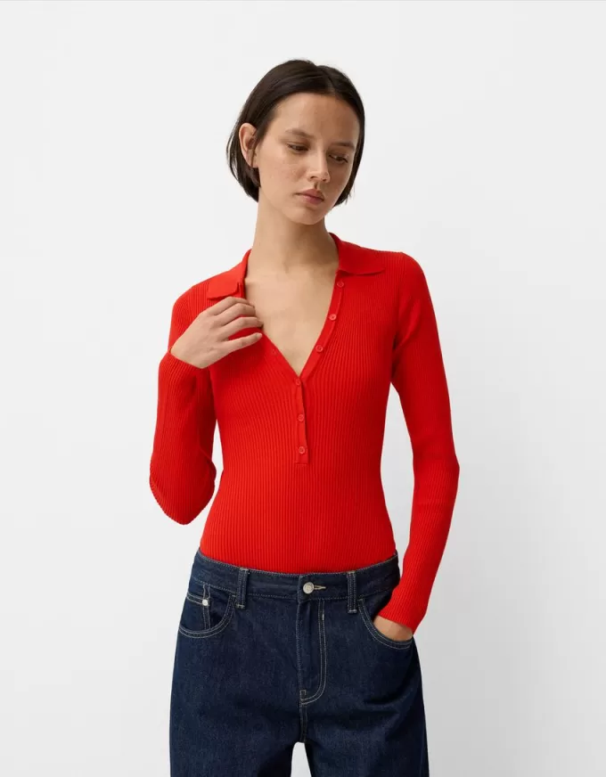 Long sleeve cut-out polo collar bodysuit