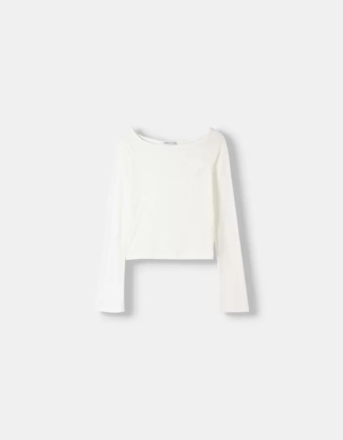 Long sleeve embroidered boat neck T-shirt