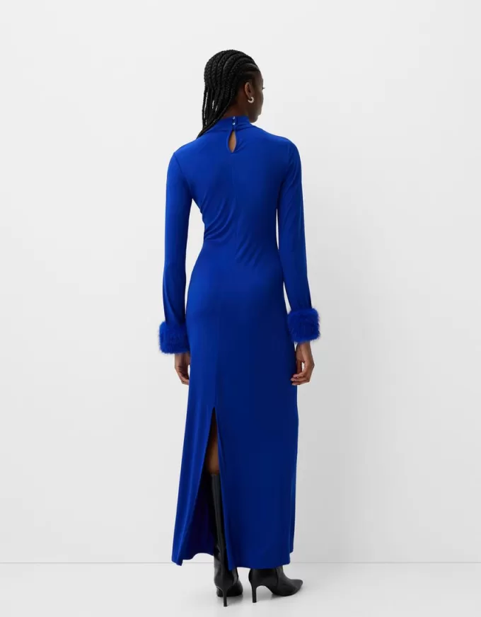 Long sleeve midi dress with faux fur cuffs