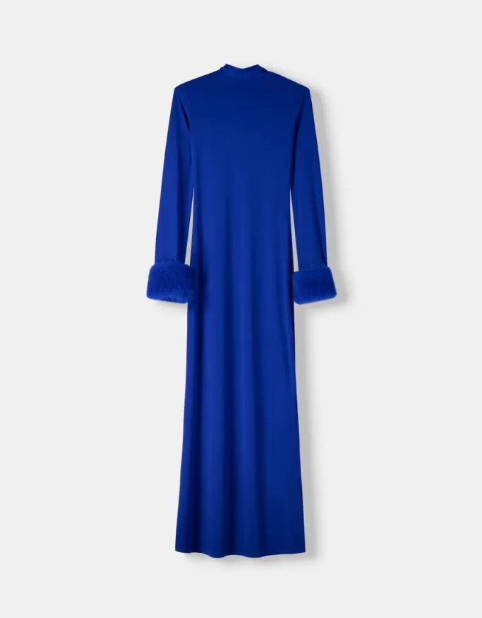 Long sleeve midi dress with faux fur cuffs