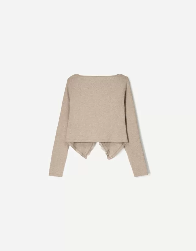 Long sleeve ribbed T-shirt with blonde lace