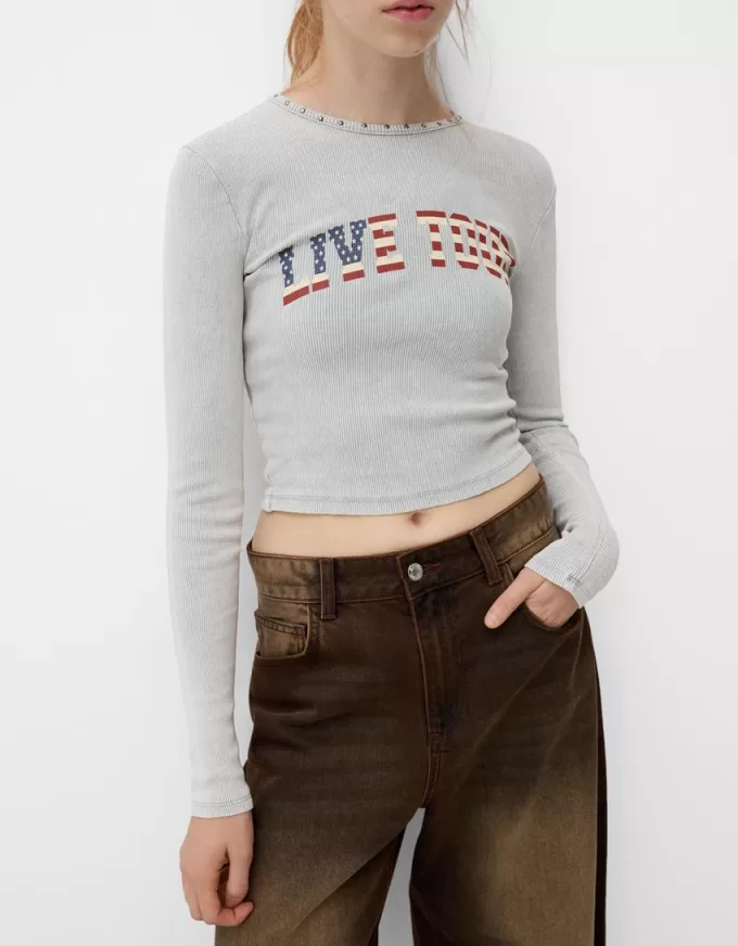 Long sleeve ribbed printed T-shirt with studs