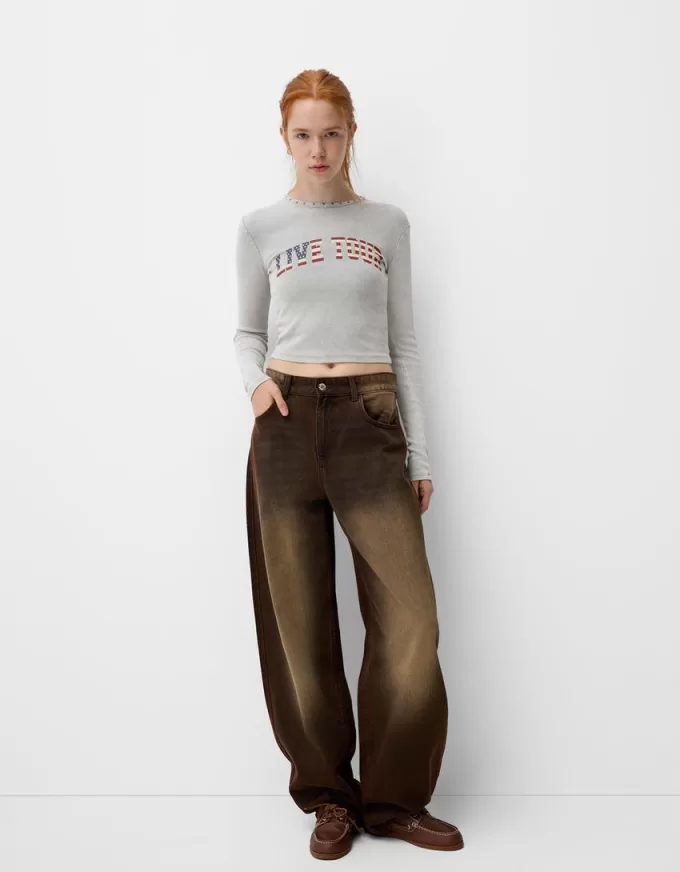 Long sleeve ribbed printed T-shirt with studs