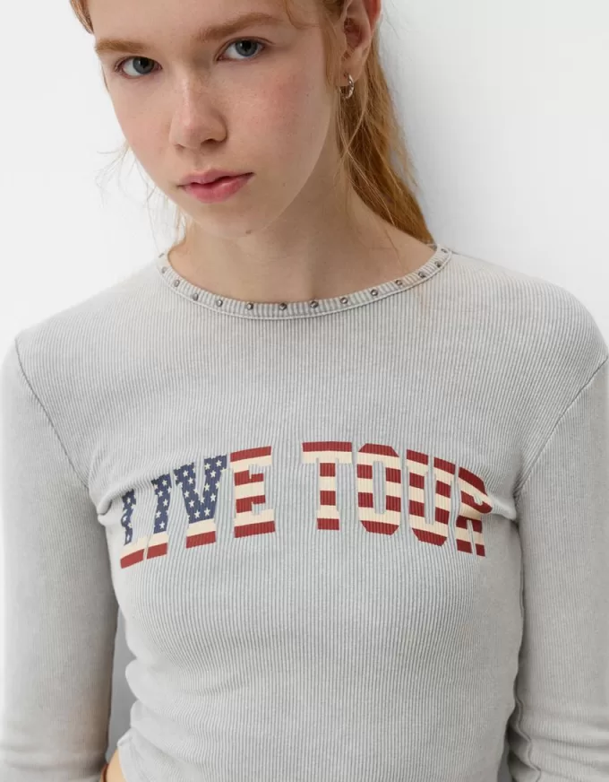 Long sleeve ribbed printed T-shirt with studs