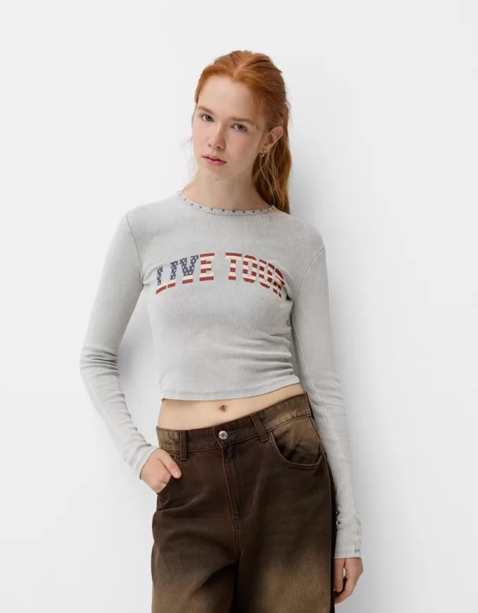 Long sleeve ribbed printed T-shirt with studs