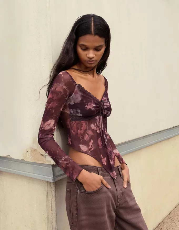 Long sleeve tulle printed T-shirt