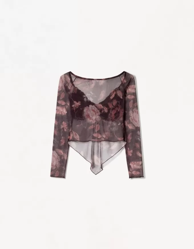 Long sleeve tulle printed T-shirt