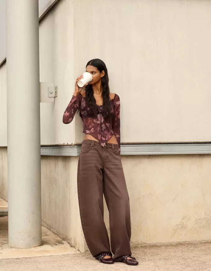 Long sleeve tulle printed T-shirt