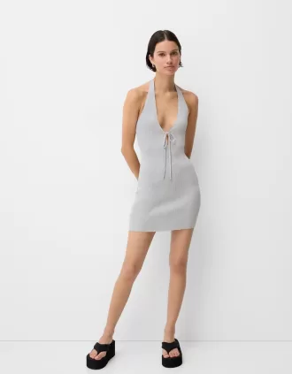 Metallic thread halter midi dress