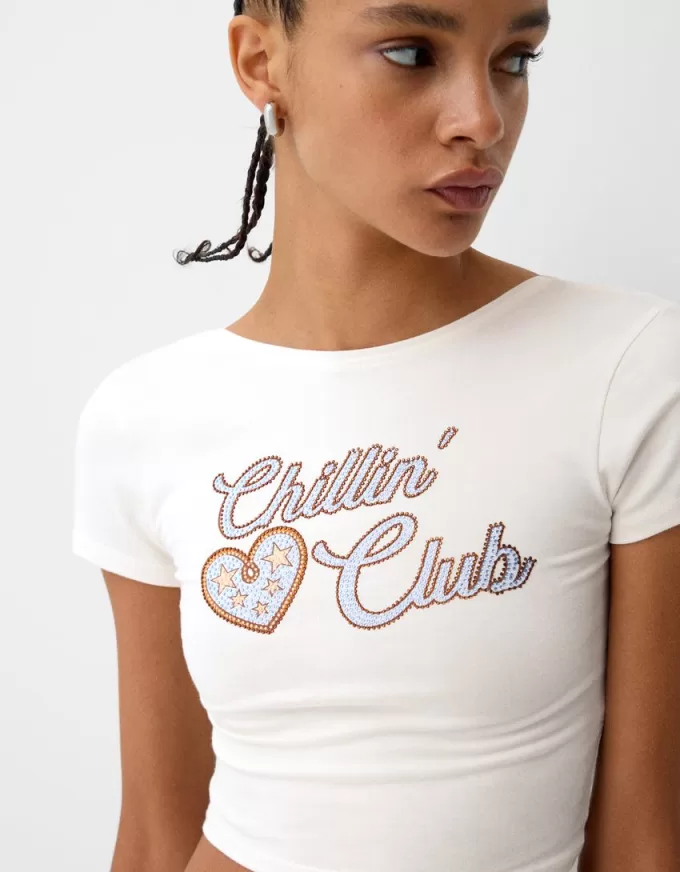 Open back T-shirt with rhinestones