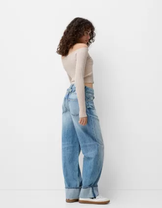 Open buttoned sweater with Bardot neckline