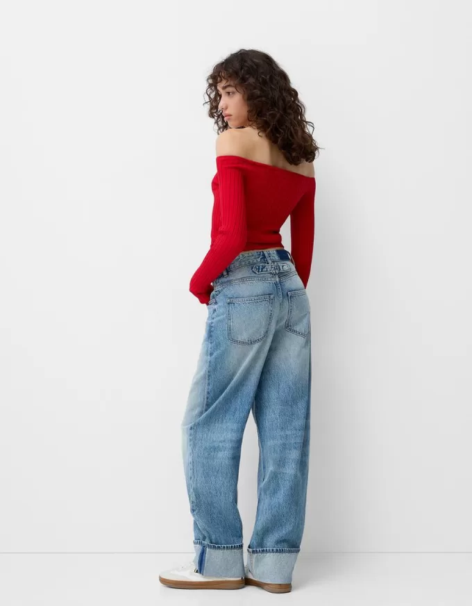 Open buttoned sweater with Bardot neckline