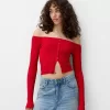 Open buttoned sweater with Bardot neckline