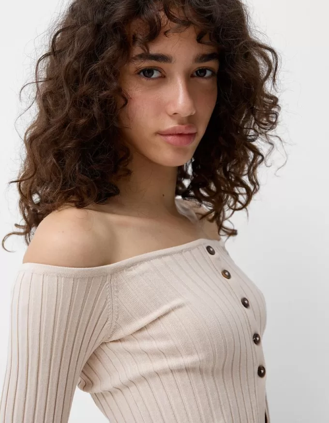 Open buttoned sweater with Bardot neckline