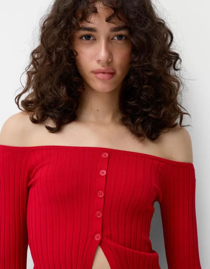 Open buttoned sweater with Bardot neckline