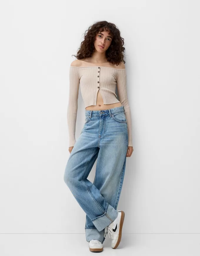 Open buttoned sweater with Bardot neckline