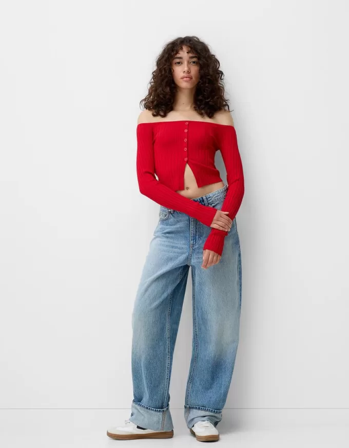 Open buttoned sweater with Bardot neckline