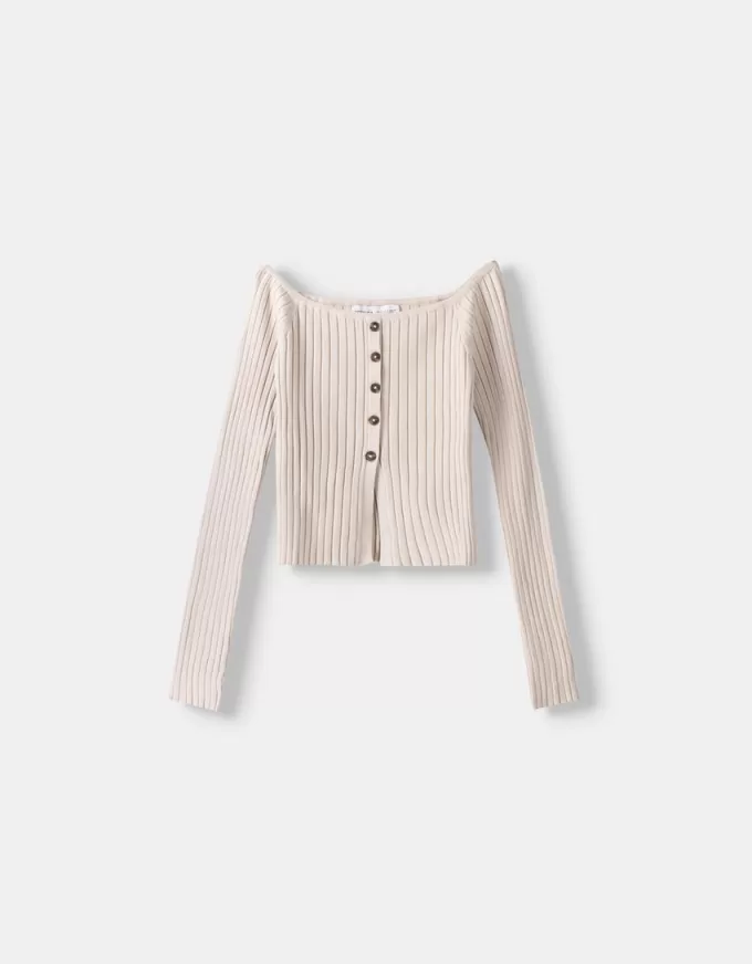Open buttoned sweater with Bardot neckline