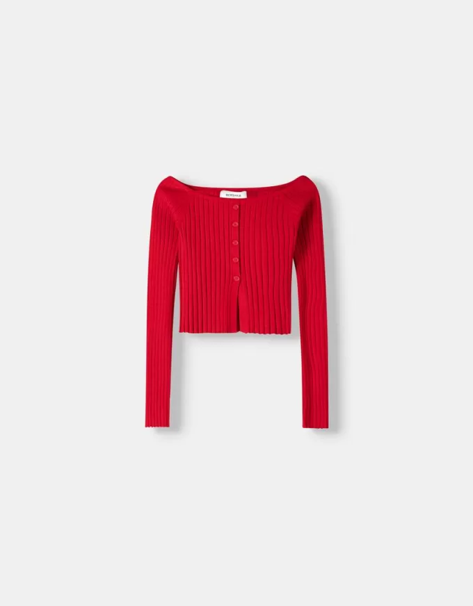 Open buttoned sweater with Bardot neckline