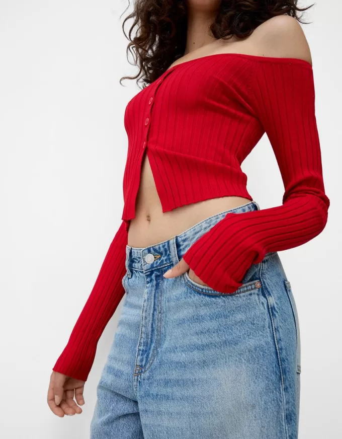 Open buttoned sweater with Bardot neckline