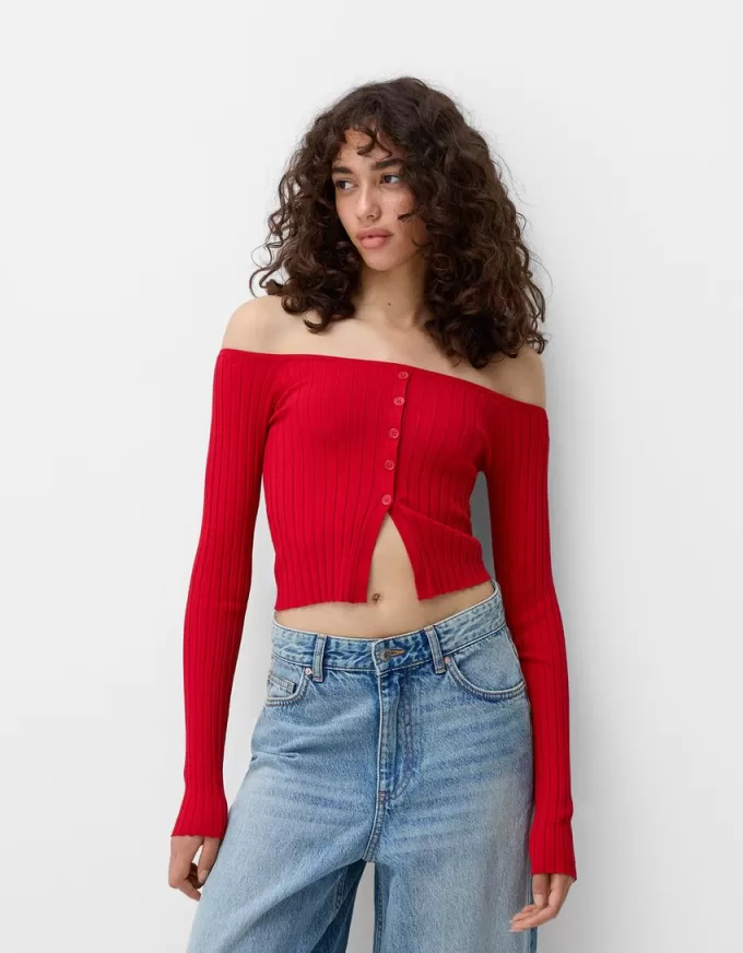 Open buttoned sweater with Bardot neckline