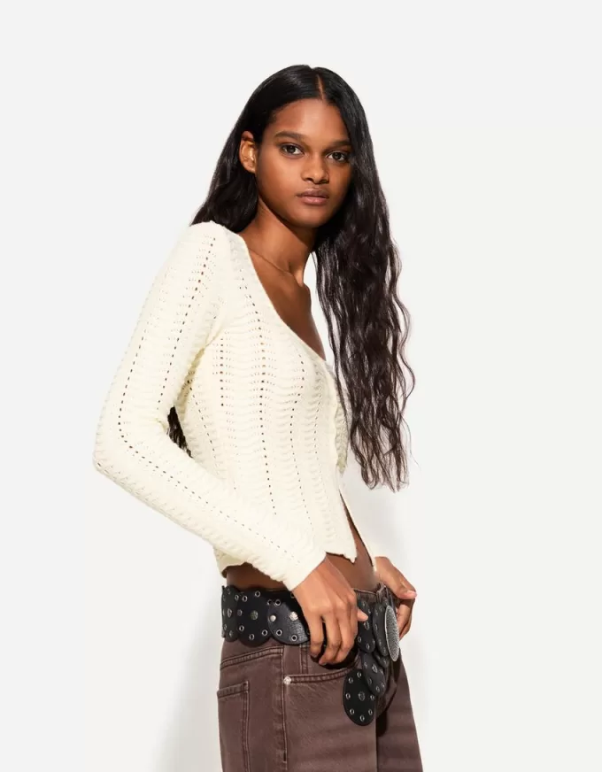 Open-knit cardigan with scoop neck