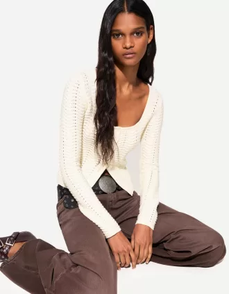 Open-knit cardigan with scoop neck