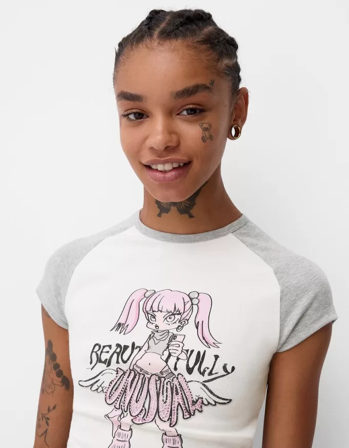 Printed T-shirt with short raglan sleeves