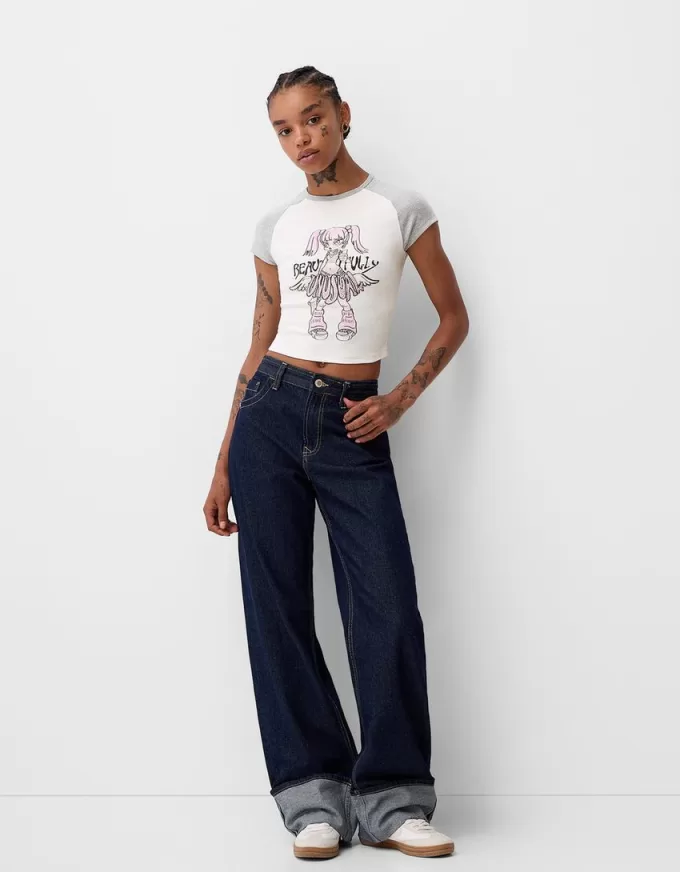 Printed T-shirt with short raglan sleeves