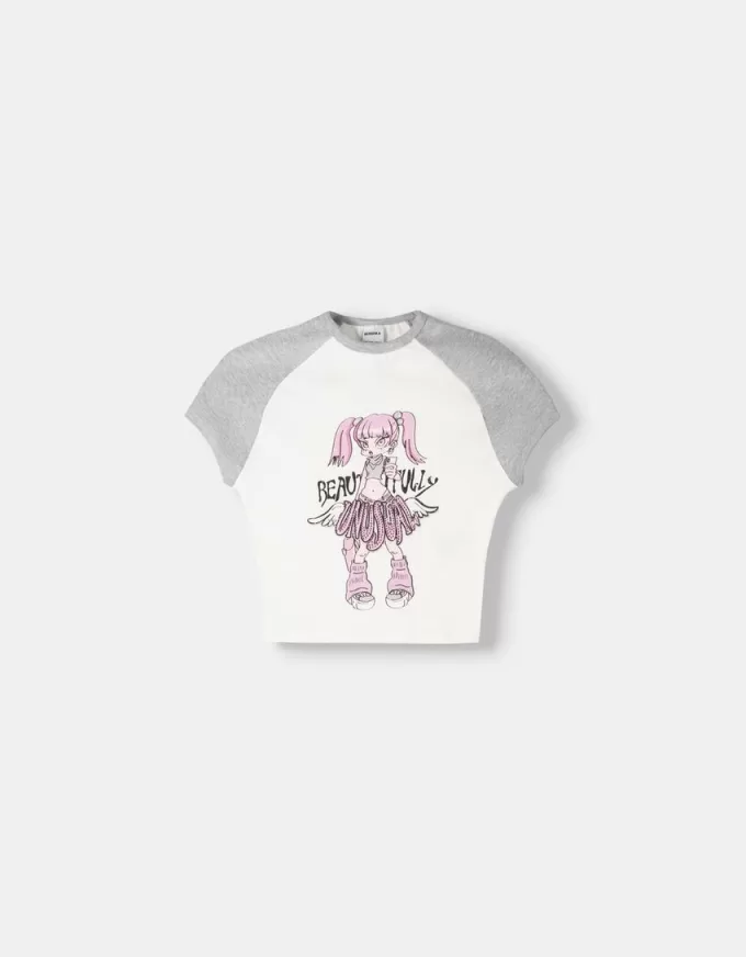 Printed T-shirt with short raglan sleeves