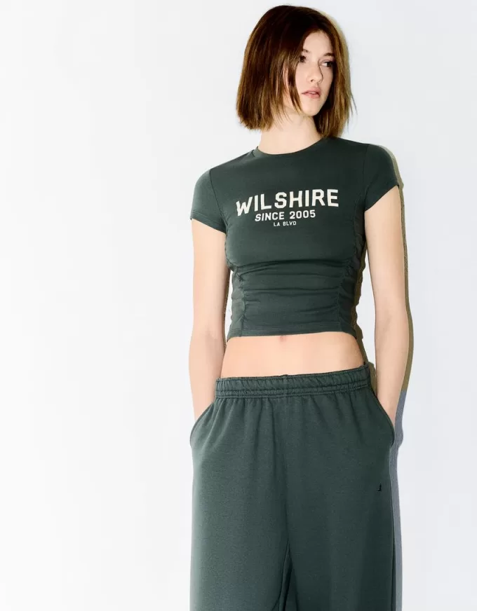 Printed short sleeve T-shirt with gathering