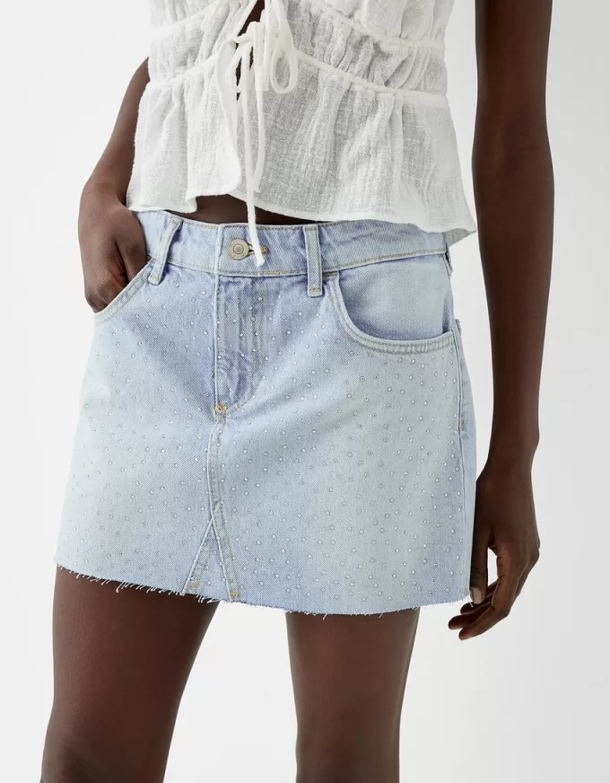 Rhinestone denim mini skirt