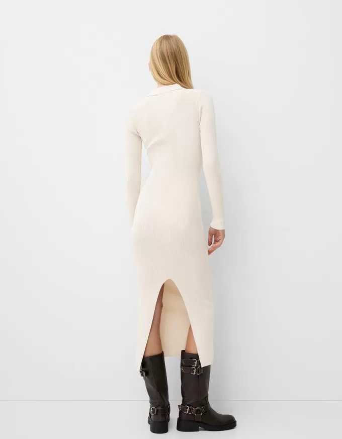 Ribbed polo collar midi dress