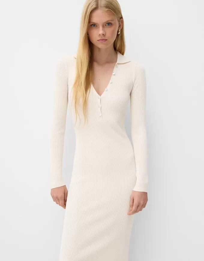 Ribbed polo collar midi dress