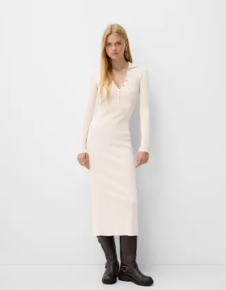 Ribbed polo collar midi dress
