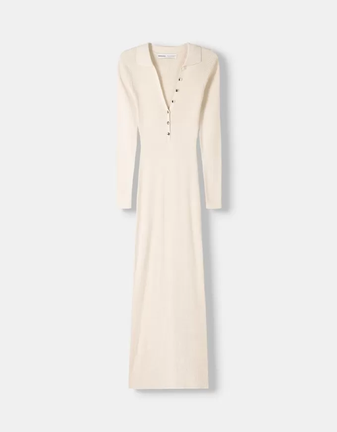 Ribbed polo collar midi dress